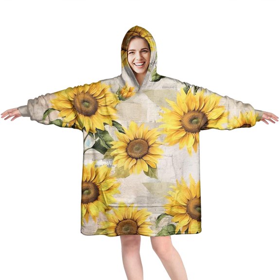 White Green Leaf Butterfly Newspaper Sunflower Pattern Wearable Oversized Blanket,Wearable Blanket Hoodie for Adults,Cozy Hooded Blankets with Super Pockets,Super Warm Fuzzy Pullover for Women & Men