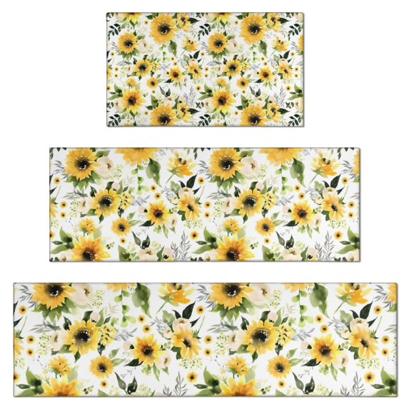 White Green Leaf Flower Sunflower Pattern Kitchen Rugs Sets Of 3,Kitchen Runner Rugs Non Skid Washable,Decorative Kitchen Floor Mats for Kitchen,Sink,Laundry,17"x30"+ 17"x47" + 17"x59"