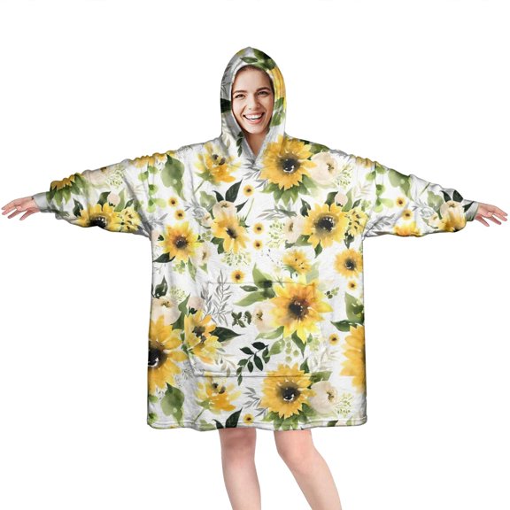 White Green Leaf Flower Sunflower Pattern Wearable Oversized Blanket,Wearable Blanket Hoodie for Adults,Cozy Hooded Blankets with Super Pockets,Super Warm Fuzzy Pullover for Women & Men