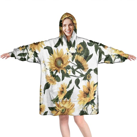 White Green Leaf Flower Sunflower Pattern Wearable Oversized Blanket,Wearable Blanket Hoodie for Adults,Cozy Hooded Blankets with Super Pockets,Super Warm Fuzzy Pullover for Women & Men