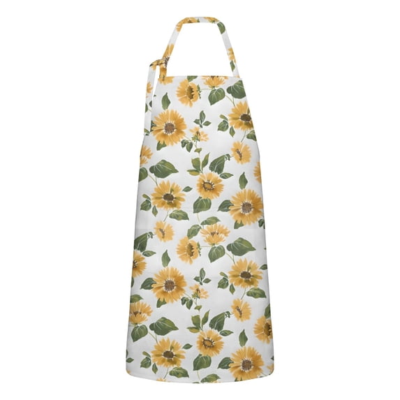 White Green Leaf Sunflower Pattern Apron-Garden Aprons for Women with Pockets-Cotton Linen Waterproof Kitchen Cooking Gardening Aprons Adjustable for Kitchen,Cooking,BBQ and Salon 33x27 Inch