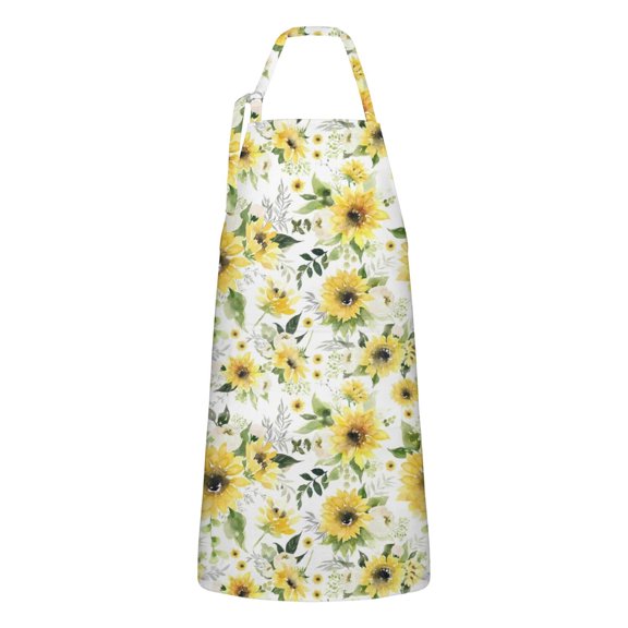 White Green Leaf Sunflower Pattern Apron-Garden Aprons for Women with Pockets-Cotton Linen Waterproof Kitchen Cooking Gardening Aprons Adjustable for Kitchen,Cooking,BBQ and Salon 33x27 Inch