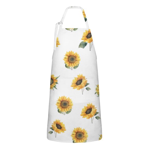 White Green Leaf Sunflower Pattern Apron-Garden Aprons for Women with Pockets-Cotton Linen Waterproof Kitchen Cooking Gardening Aprons Adjustable for Kitchen,Cooking,BBQ and Salon 33x27 Inch
