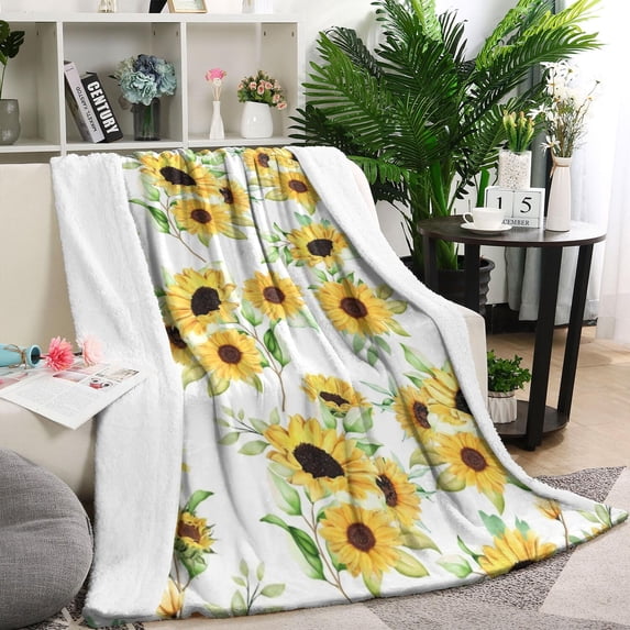 White Green Leaf Sunflower Pattern Blanket,Comfortable Soft Flannel Throw Blanket,All Season,Warm Lightweight Blankets for Sofa Bed Couch Living Room Chair,60"x80"