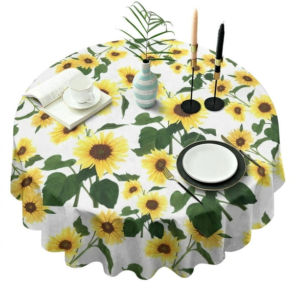 White Green Leaf Sunflower Pattern Round Tablecloth 60"x60",Wrinkle Wipeable Table Cloth for Kitchen Dining Room Picnic Patio Party