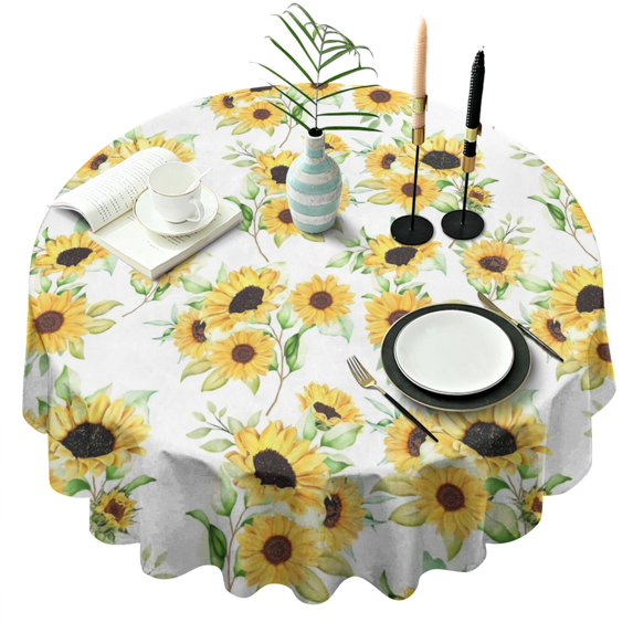 White Green Leaf Sunflower Pattern Round Tablecloth 60"x60",Wrinkle Wipeable Table Cloth for Kitchen Dining Room Picnic Patio Party