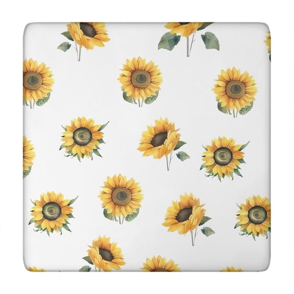 White Green Leaf Sunflower Pattern Square Fitted Tablecloth with Elastic Edge,Square Table Cover,Washable Elastic Table Cover for Home Kitchen Party Decor 34"x34"