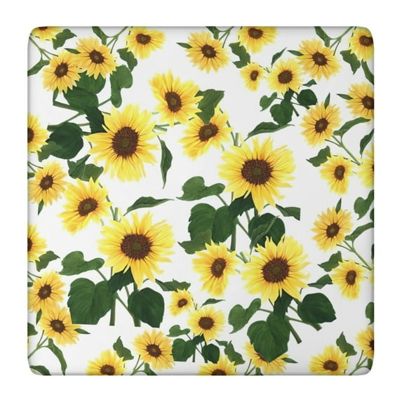 White Green Leaf Sunflower Pattern Square Fitted Tablecloth with Elastic Edge,Square Table Cover,Washable Elastic Table Cover for Home Kitchen Party Decor 36"x36"