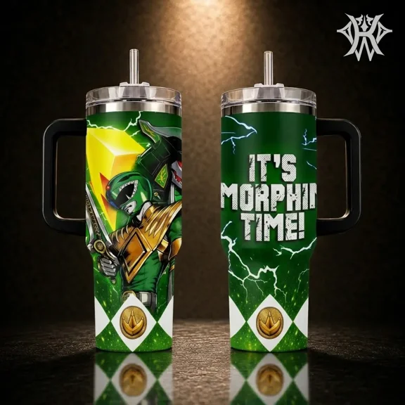 White and Green Masked Hero Tumbler with Handle and Straw, Retro 90s Tokusatsu Style, Vacuum Insulated Stainless Steel Travel Mug, Gift for Fans of Classic Hero TV Style, Coffee Cup Water Bottle