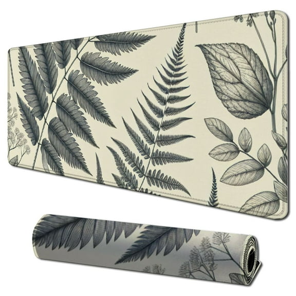 White Green Plant Flowers Mouse Pad XL Tropical Fern Botanical Leaves Extended Desk Mat m Non-Slip Rubber Base Stitched Edge Large Mousepad for Desk Gaming Laptop Desktop,