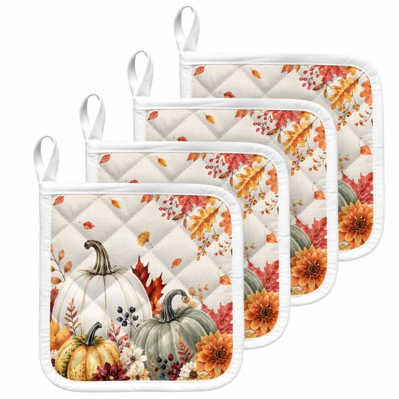 White Green Pumpkins Fall Pot Holders for Kitchen Heatproof Potholder, 4 Pack Thanksgiving Floral Rustic Hot Pads Multipurpose Oven Pads Terry Cloth Potholders Trivet for Cooking and Baking