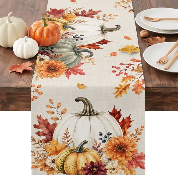 White Green Pumpkins Fall Table Runner - 48 Inch Long Thanksgiving Floral Rustic Cotton and Linen Blended Dress Scarves Farmhouse Table Runner for Kitchen Dining, Coffee Table, 13" x 48"