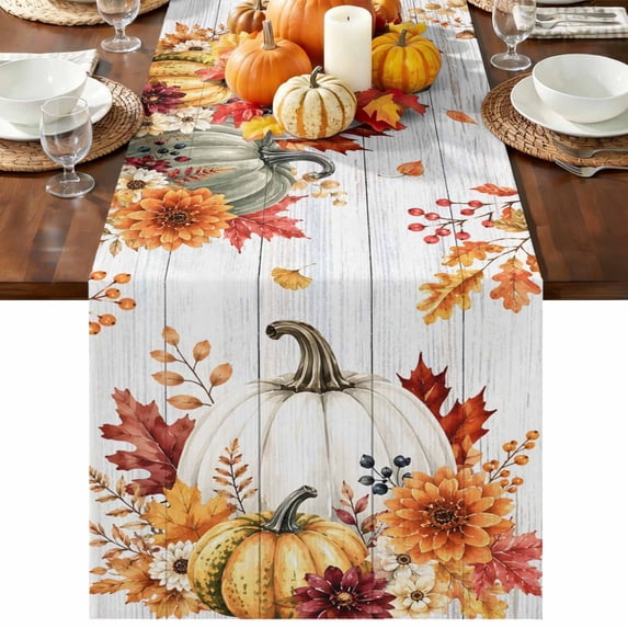 White Green Pumpkins Fall Table Runner 70 Inches Long - Thanksgiving Floral Gray Wooden Kitchen Dining Burlap Linen Tablerunner for Small/Round/Square/Wedding/Coffee/Dining Table Party Décor 13 x 70