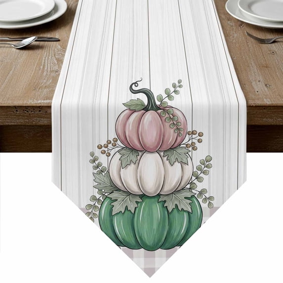 White Green Pumpkins Fall Table Runner Linen Burlap Table Runner 72 Inches Long Thanksgiving Wooden Botanical Dresser Scarves for Kitchen Island Coffee Dining Room Party Holiday Decoration 16"x72"