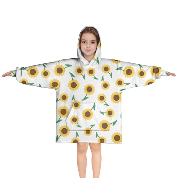 White Green Stem Sunflower Pattern Blanket Hoodies for Kids 6-13YR Oversize Wearable Blanket Hoodies for Boys Girls Teens