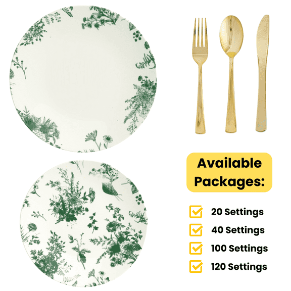 White / Green Verdure Wedding Plastic Plates Party Bundle W/ Gold Plastic Cutlery 20 Pack