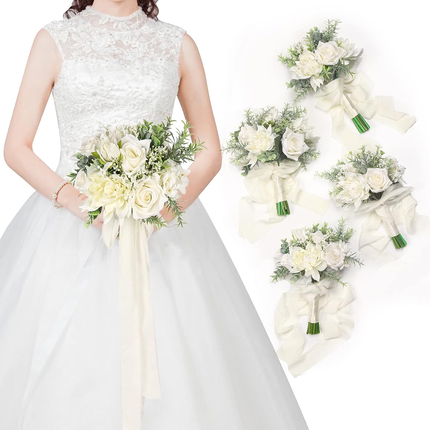 White & Greenery Bridesmaid Bouquets for Wedding, 7 Inch Bride Bridal