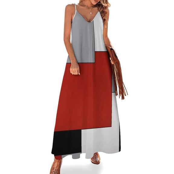 White Grey Black Red Abstract Geometric Sleeveless Suspender Dress Summer Fashion Casual Long Dress