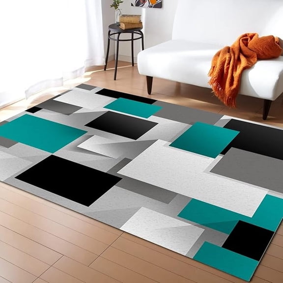 White Grey Black Teal Modern Area Rug, Abstract Art Geometric Indoor Non Slip Throw Accent Rug, Machine Washable Durable Carpet For Room Sofa Living Room Mat Bedroom Home Decor 5x6ft