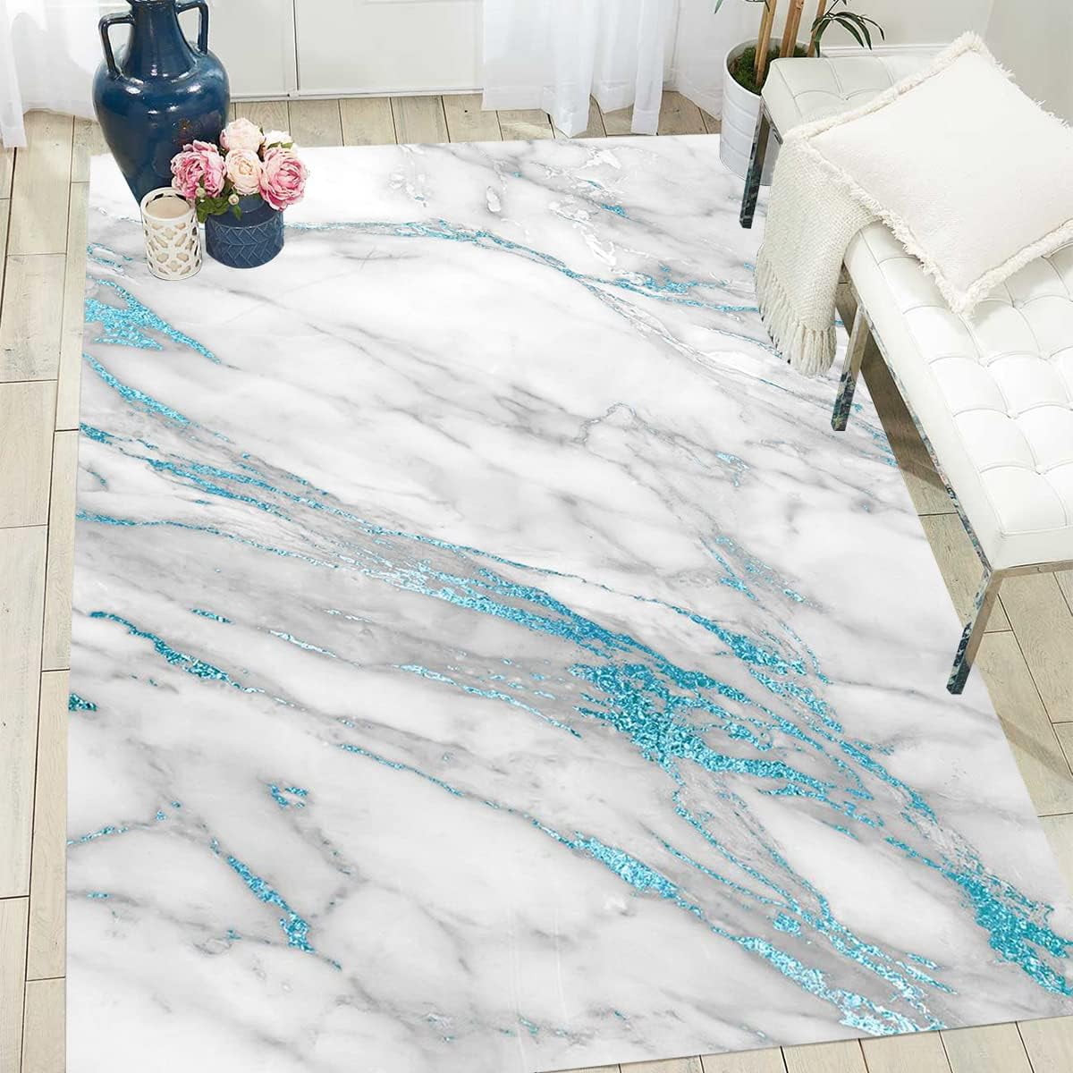 White Grey Blue Marble Area Rug 5'x6' Modern Abstract Agate Living Room ...