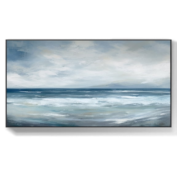 White Grey Blue Sea Oil Painting On Canvas Abstract Seascape Oil Painting White Sea Wave Textured Wall Art Minimalist Ocean Wall Decor,Unstretched,Frameless,(41*61cm)16*32Inches