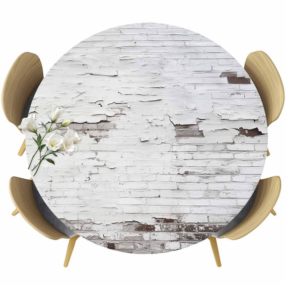 White Grey Brick Wall Round Tablecloth 55-60 Inch Round Fitted Table Cloth with Elastic Edge, Retro Shabby Chic Scenery Waterproof Table Cover Protector for Outdoor Picnic Party Dining