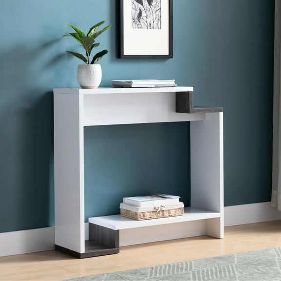 White & Grey Console Table With Two Open Shelf Elements, Multi-level Structure, Adds Charm To Small Spaces Modern Grey, Units, Design, Ideal For Limited Entertainment Space