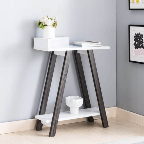 White & Grey Console With Two Tones, Shelf Capacity, A Shaped Leg Heavenly Table Storage, Elegance