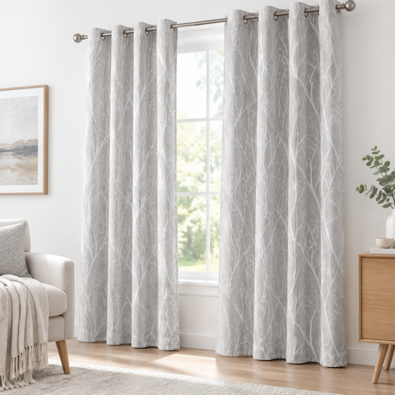 White Grey Curta84 Inch Length For Living Room Darkening 2 Panel Tab Pocket Linen Textured Modern Farmhouse Tree Branch Pattern Li