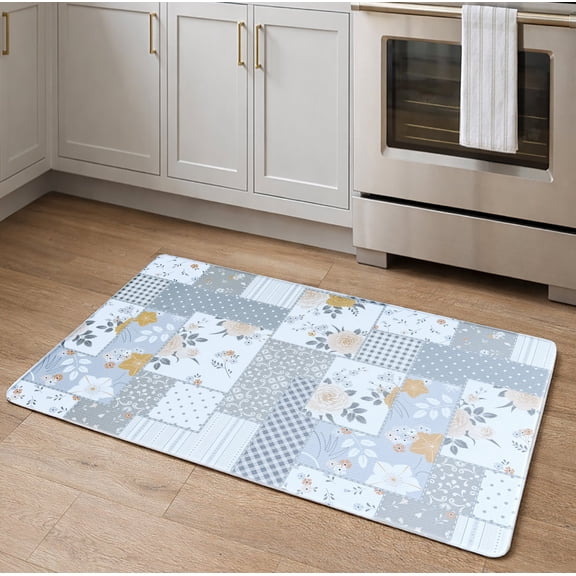 White Grey Geometric Comfort Anti-Fatigue Plush Waterproof Non-slip Kitchen Mat - 18"x30"