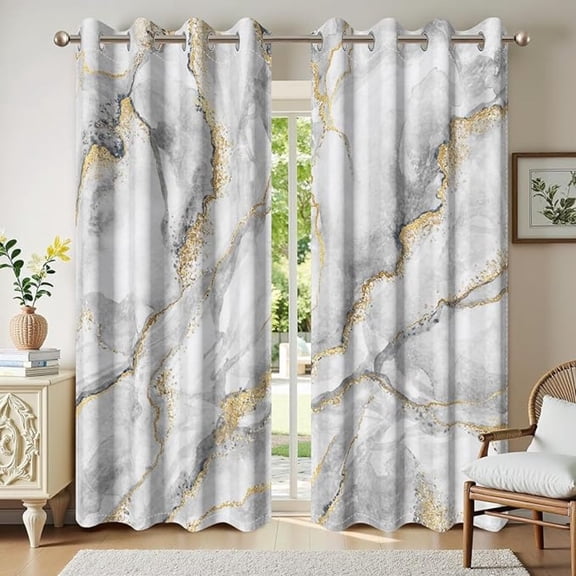 White Grey And Gold Blackout Thermal Insulated Curtains With Grommet Elegant Luxury Marble Texture Window Drapes For Living Room Bedroom Decor 42"W x 96"L (Pack of 2)