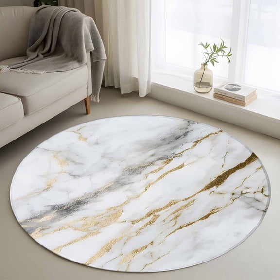 White Grey Gold Marble 3FT Round Area Rugs for Living Room Abstract Modern Cracked Stone Texture Ultra-Thin Non-Slip Round Rugs Machine Washable Low Pile Circle Carpet for Bedroom Kitchen Nursery