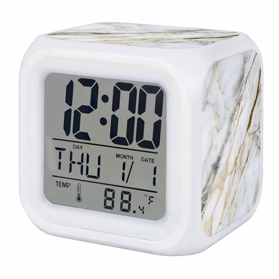 White Grey Gold Marble Alarm Clock, Abstract Modern Cracked Stone Texture Digital Clock Night Light with 7 Color, Calendar Temperature Display, LED Desk Small Clock for Bedrooms Bedside Living Room