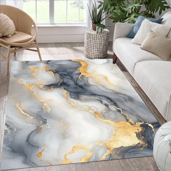 White Grey Gold Marble Swirl Modern Abstract Area Rug 3'x4' Faux Wool Soft Fluffy Rug for Living Room Bedroom Guestroom Unique Art Deco Home Office Diningroom Indoor Floor Carpet Washable Rug