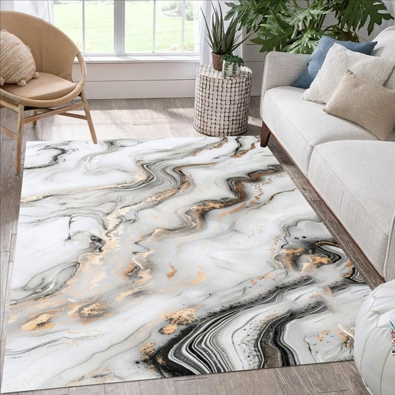 White Grey Gold Marble Swirl Modern Abstract Area Rug 3'x4' Fuzzy Faux Wool Soft Washable Large Rug for Living Room Bedroom Conference Room Unique Art Deco Diningroom Office Guestroom Floor Carpet