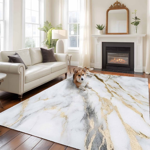 White Grey Gold Marble Washable Area Rug 5x7 Abstract Modern Cracked Stone Texture Low-Profile Large Area Rugs with Non Slip Backing Indoor Floor Carpet for Entrance Living Room Bedroom Office