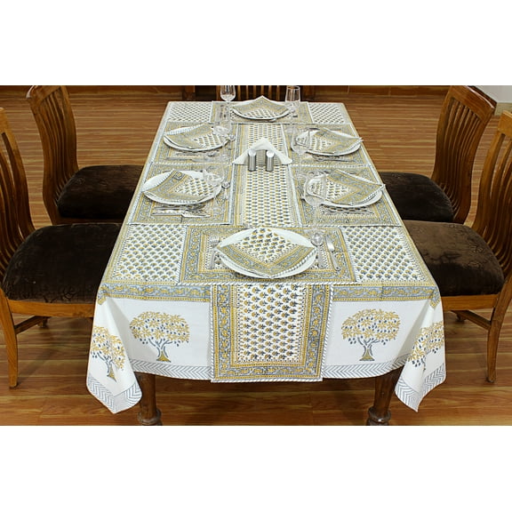 White & Grey Indian Hand Block Floral Printed Easter Tablecloth, Cotton Cloth Table Cover and Linen Set, Wedding Party Table Cloth 110x110 Inches