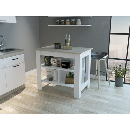 White & Grey Kitchen Island With 3 Shelves For A Functional Setup And Well-arranged