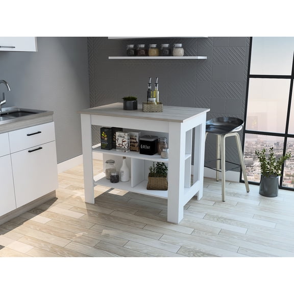 White & Grey Kitchen Island With 3 Shelves For A Practical And Stylish Cooking Area Well-designed