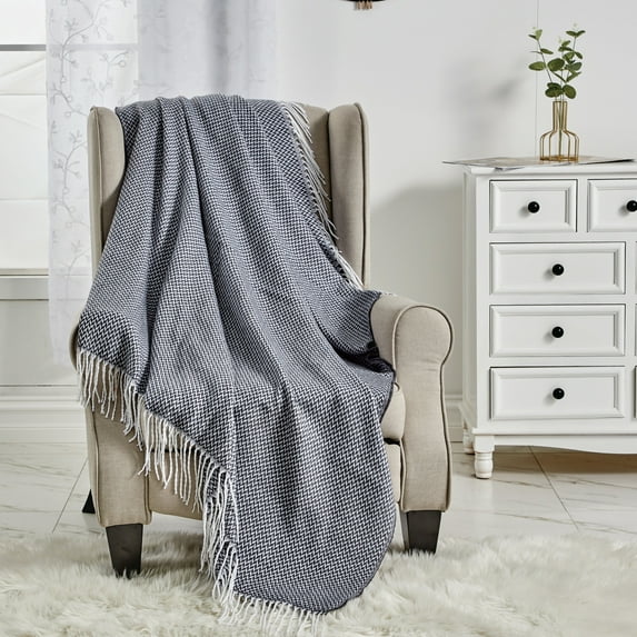 White/Grey Knit Throw Blanket | Knitted Herringbone Decorative Lightweight Blanket Throw for Couch, Bed and Sofa, 50" W x 60" L