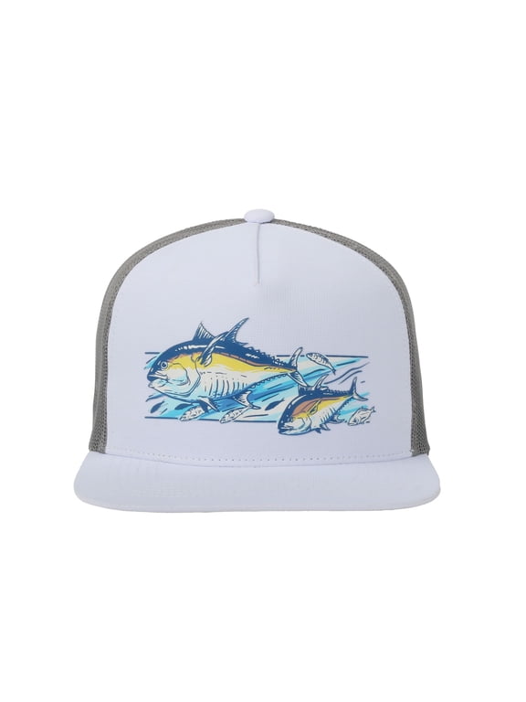 White/Grey Mahi Mahi 5-Panel Fishing Cap – Structured, Flat Bill Snapback, One Size
