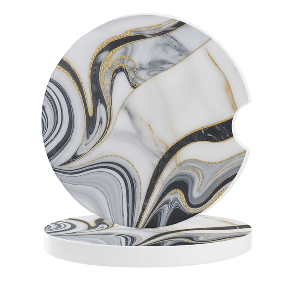 White Grey Marble Car Coasters for Cup Holders Set of 2 Absorbent, 2.56" Ceramic Stone Drinks Cupholder Coasters with Finger Notch Modern Abstract Art Ink Painting Auto Interior Accessories for Women