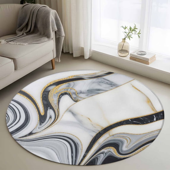 White Grey Marble Round Area Rug 4Ft Washable Circle Rugs for Bedroom Dining Room, Modern Abstract Art Ink Painting Non-Slip Carpet Floor Mats Indoor Outdoor Carpet Runner Aesthetic Home Decor