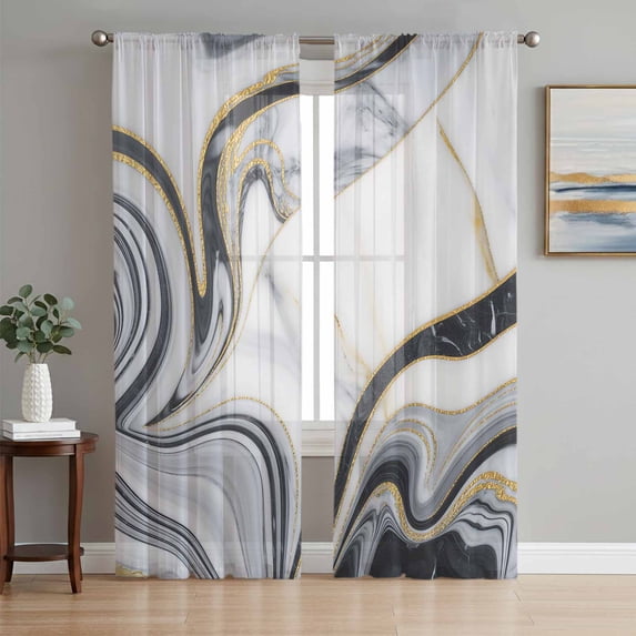 White Grey Marble Sheer Curtains 108 Inch Length 2 Panels Set Window Treatments, Modern Abstract Art Ink Painting Rod Pocket Semi Curtains for Living Room/Bedroom/Kitchen Décor, 104"W x 108"L