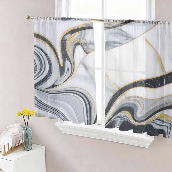 White Grey Marble Sheer Curtains 45 Inch Length 2 Panels Set Window Treatments, Modern Abstract Art Ink Painting Rod Pocket Semi Curtains for Living Room/Bedroom/Kitchen Décor, 104"W x 45"L