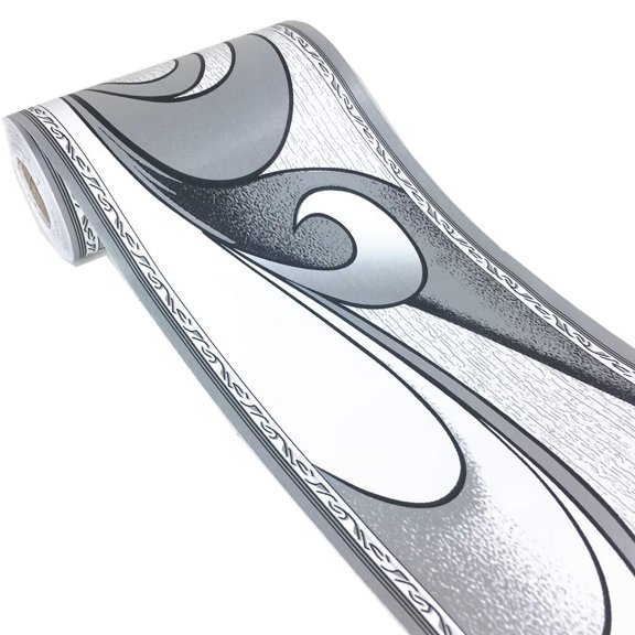 White Grey Royal Wave Pattern Vinyl Wall Border Peel and Stick Ceiling Decor 4.2 Inch x 390 Inch