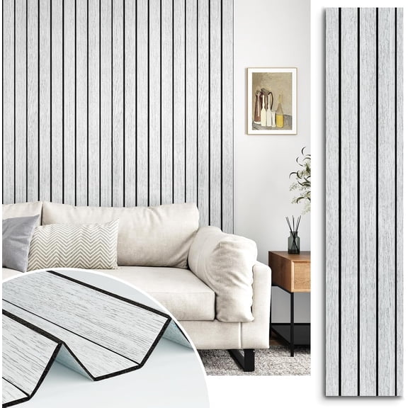 White/Grey Slat Panels for Walls Peel and Stick PVC Slat Wall Paneling Soundproof Self Adhesive Faux Wooden Slatted Panel for Wall Decor Interior Living Room Bedroom 120"x 12"