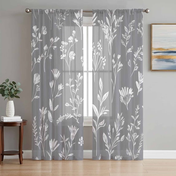 White Grey Spring Floral Sheer Curtains 84 Inch Length 2 Panels Set, Summer Flowers Botanical Voile Window Treatment Rod Pocket Curtains Sheers Drapes for Bedroom/Living Room/Kitchen 52"x84"x2