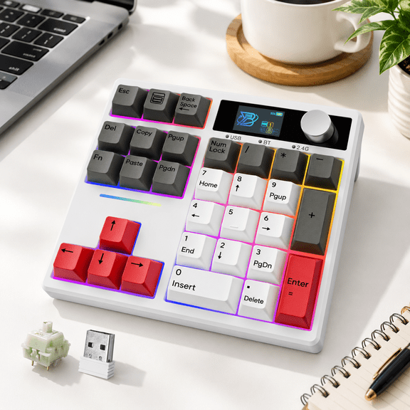 White-Grey Tri-Mode Mechanical Wireless Numeric Keypad with Screen and Knob