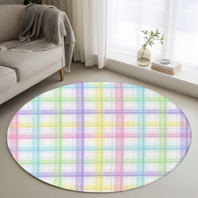 White Grid 3ft Area Rug, Colorful Plaid Modern Geometric Pattern Washable Non-Slip Small Round Rugs for Entryway Bedroom Kitchen, Soft Circle Carpet for Dining Room, Playroom Nursery Rug